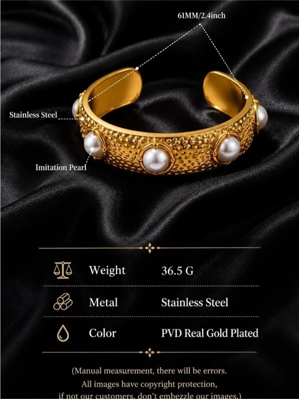 Gold plated Pearl-Accent Hammered Cuff Bracelet